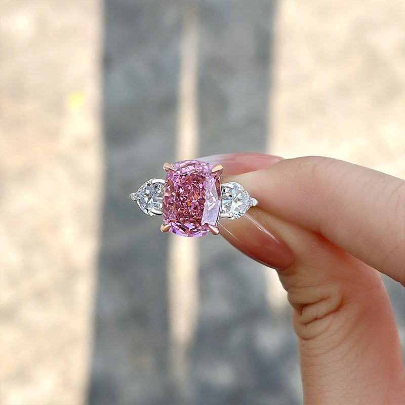 Cushion Cut Fancy Pink Sterling Silver 3-Stone Engagement Ring