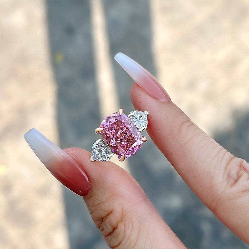 Cushion Cut Fancy Pink Sterling Silver 3-Stone Engagement Ring
