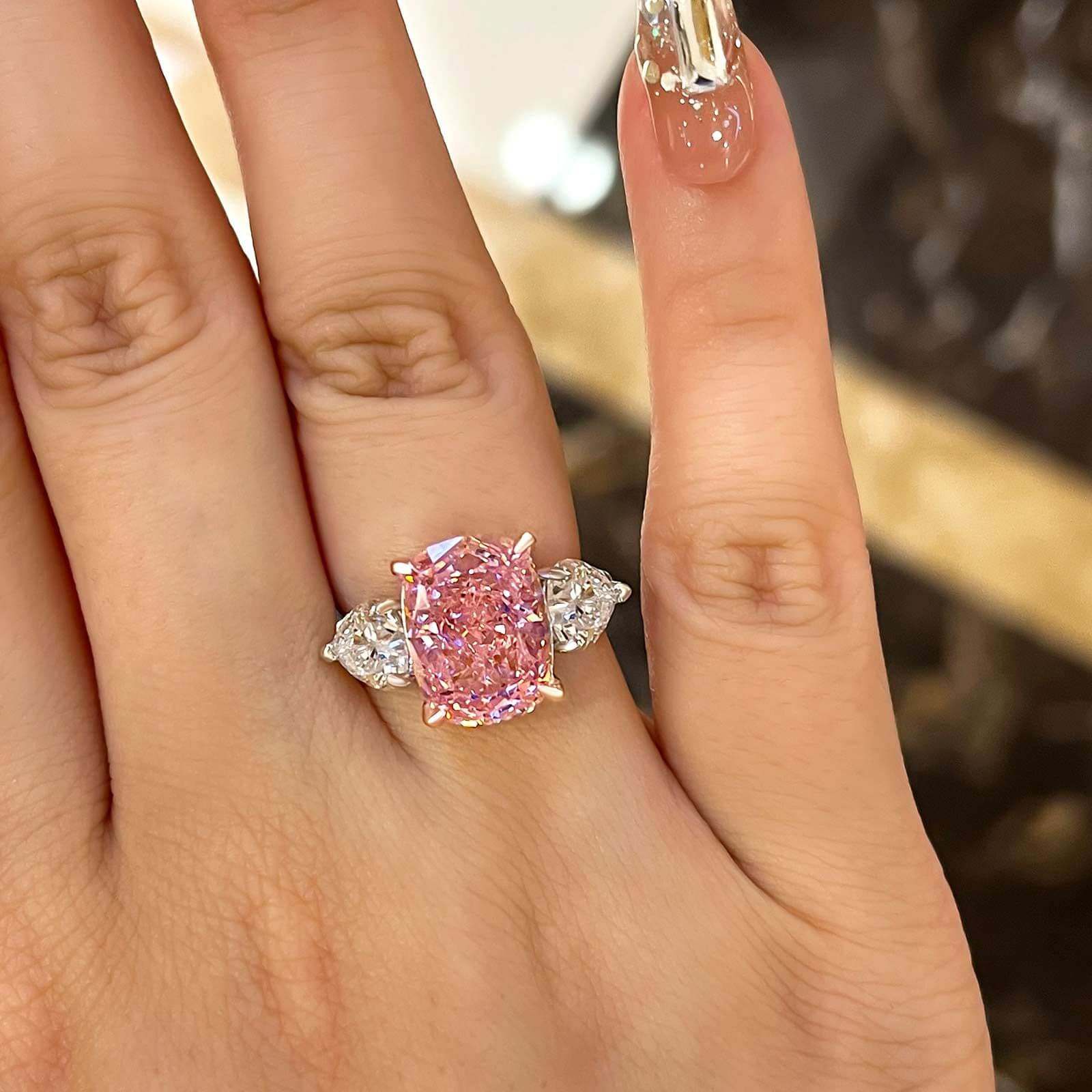 Cushion Cut Fancy Pink Sterling Silver 3-Stone Engagement Ring