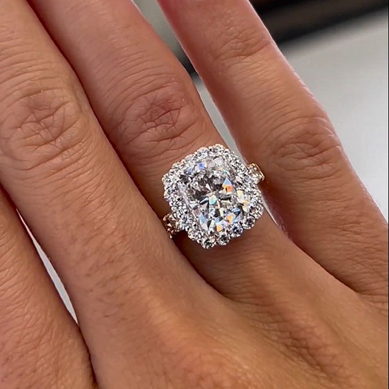 Cushion Cut Diamond White Sterling Silver Yellow Gold Halo Engagement Ring