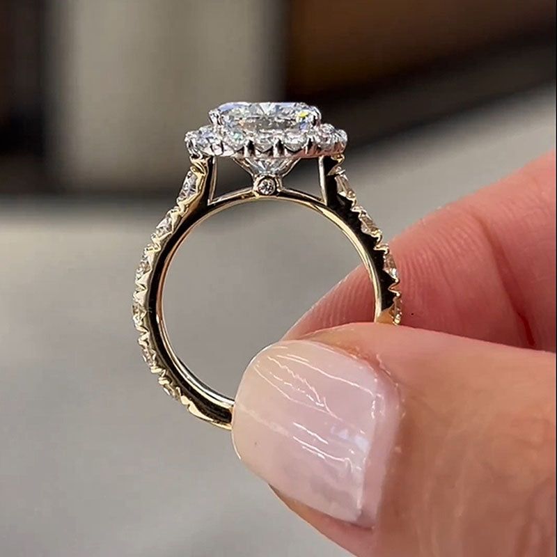 Cushion Cut Diamond White Sterling Silver Yellow Gold Halo Engagement Ring