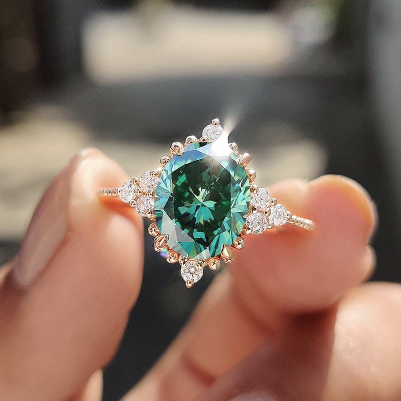 Oval Cut Emerald Green Sterling Silver Rose Gold Halo Engagement Ring