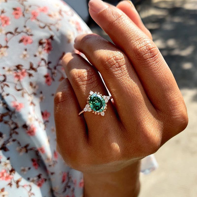 Oval Cut Emerald Green Sterling Silver Rose Gold Halo Engagement Ring