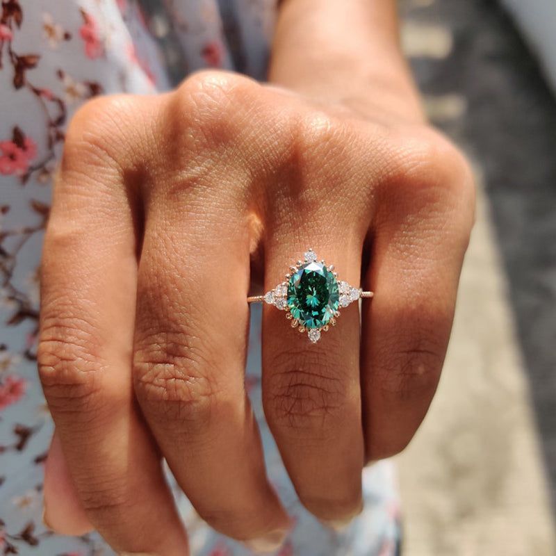 Oval Cut Emerald Green Sterling Silver Rose Gold Halo Engagement Ring