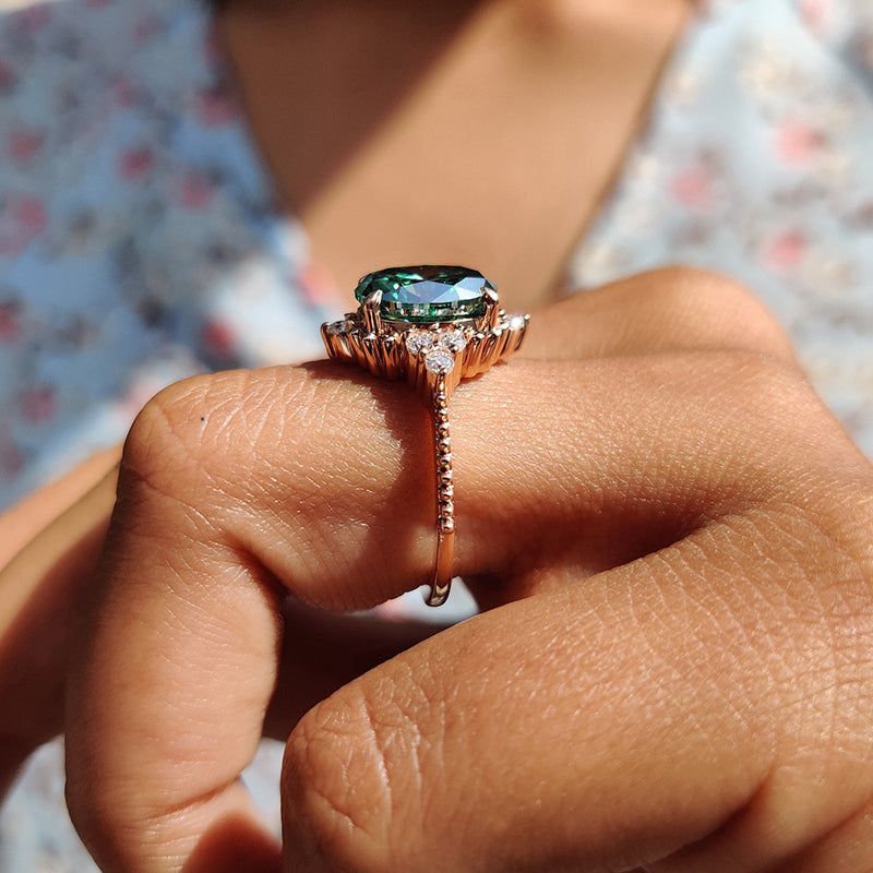 Oval Cut Emerald Green Sterling Silver Rose Gold Halo Engagement Ring
