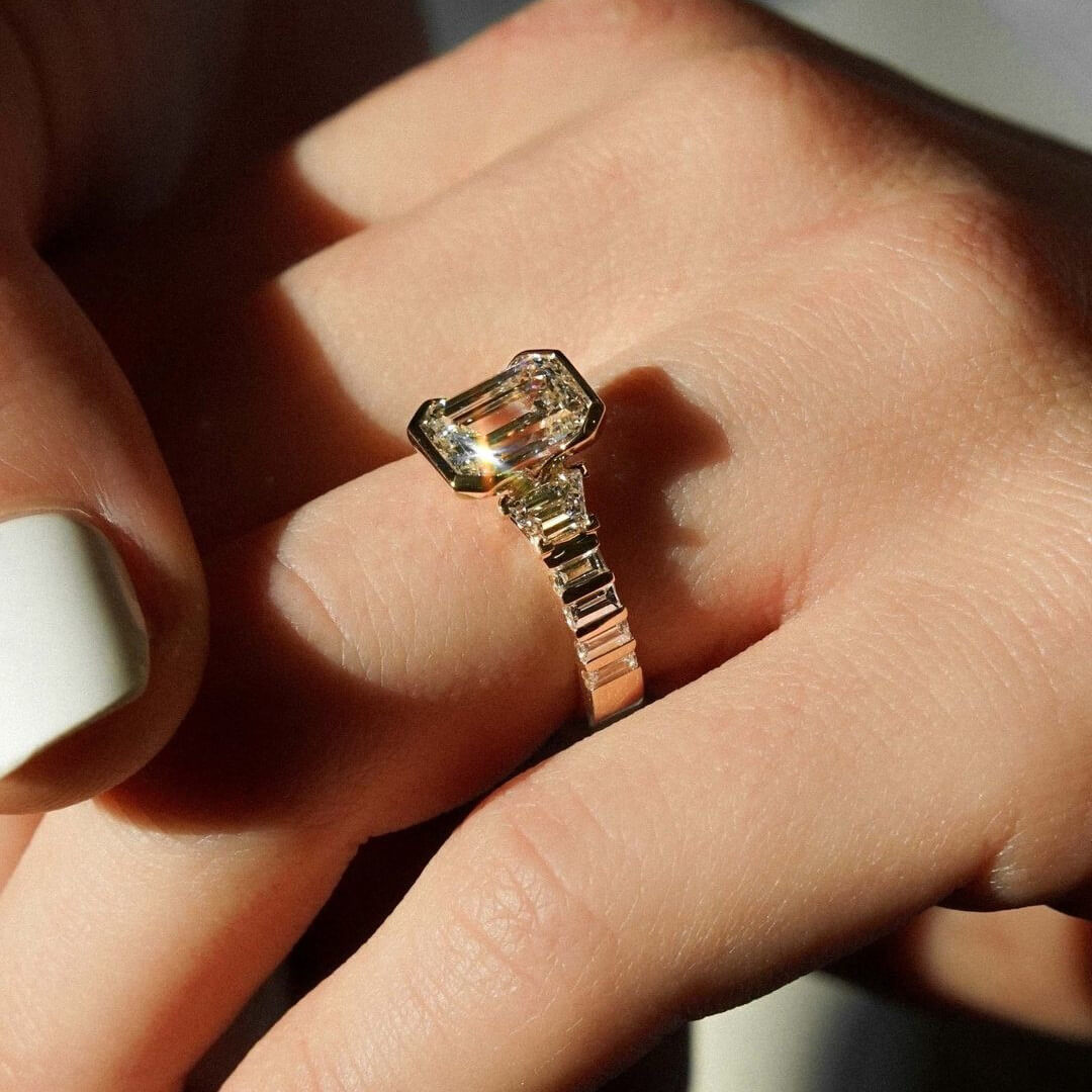 Emerald Cut Diamond White Sterling Silver Yellow Gold 3-Stone Engagement Ring