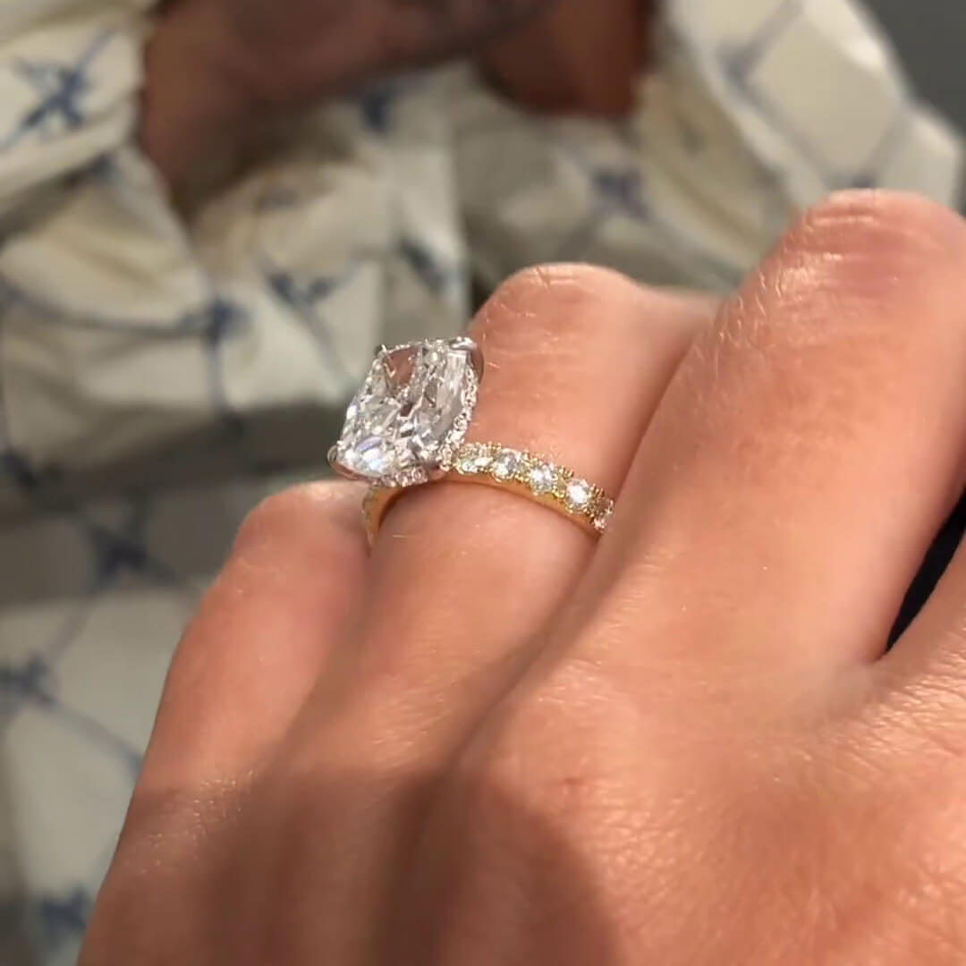 Cushion Cut Diamond White Sterling Silver Yellow Gold Halo Engagement Ring