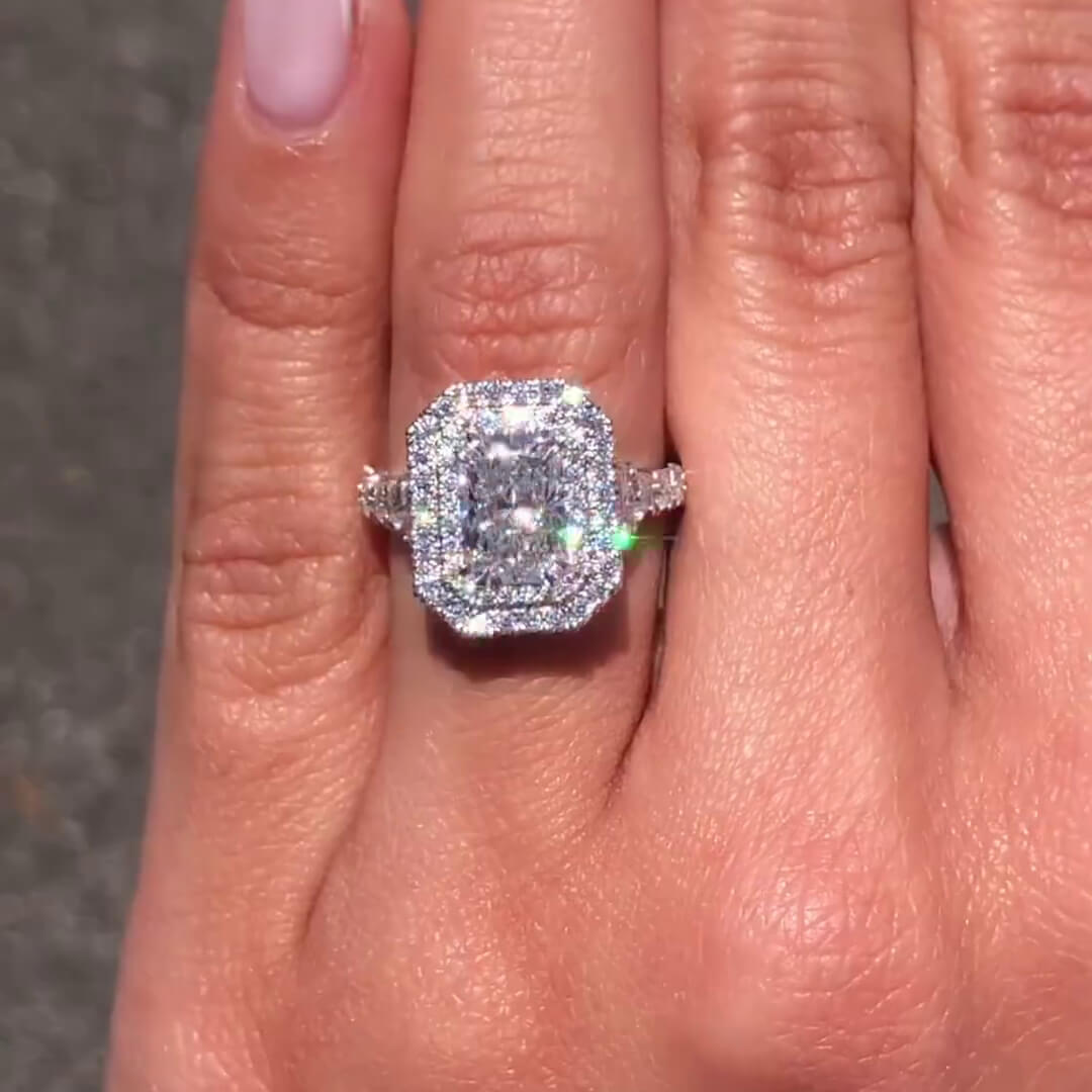 Radiant Cut Diamond White Sterling Silver Halo Engagement Ring