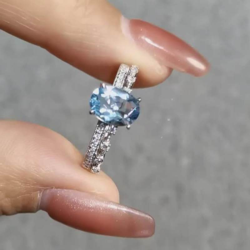 Oval Cut Aquamarine Blue Sterling Silver Engagement Ring