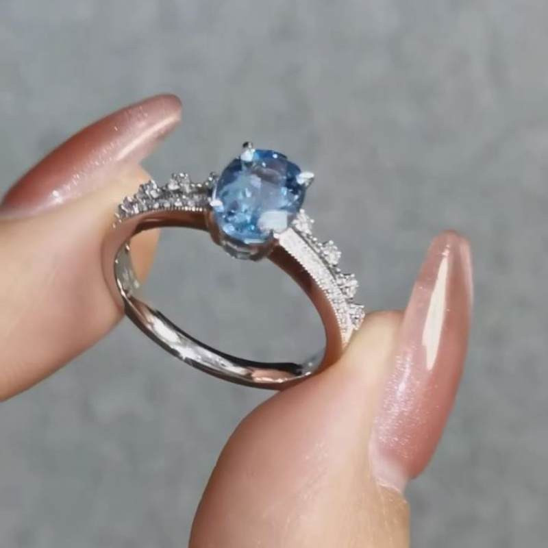 Oval Cut Aquamarine Blue Sterling Silver Engagement Ring