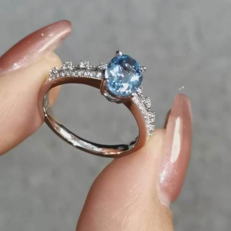 Oval Cut Aquamarine Blue Sterling Silver Engagement Ring
