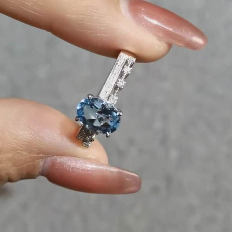 Oval Cut Aquamarine Blue Sterling Silver Engagement Ring