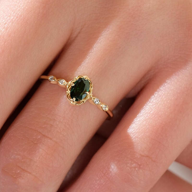 Oval Cut Emerald Green Sterling Silver Yellow Gold Engagement Ring