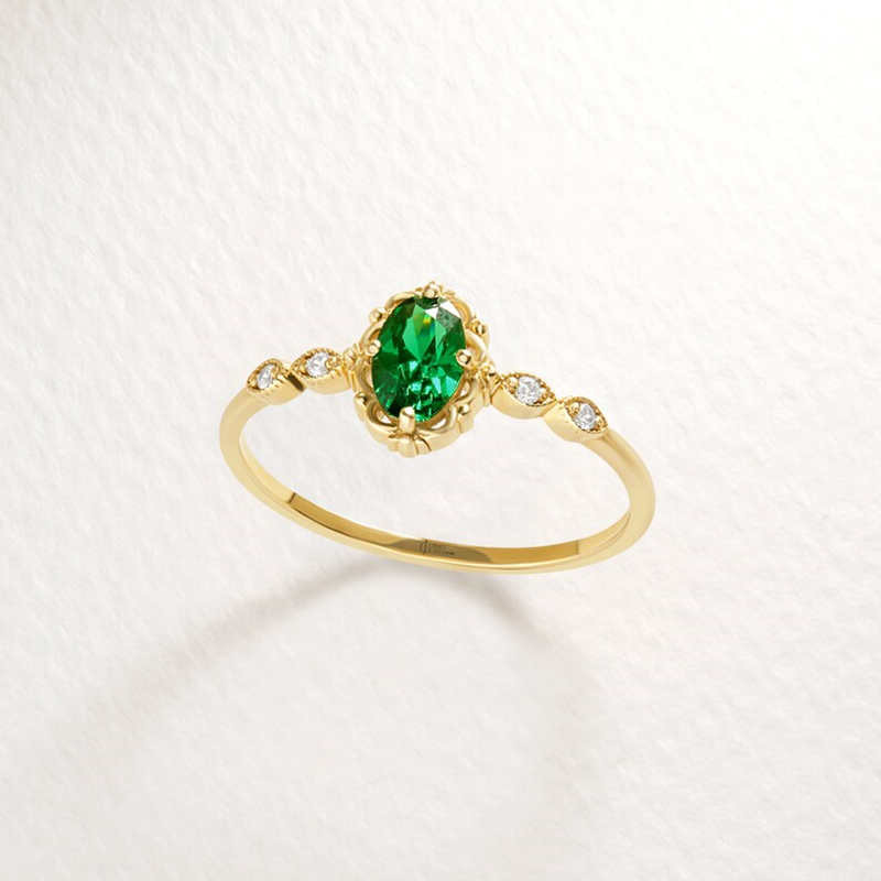 Oval Cut Emerald Green Sterling Silver Yellow Gold Engagement Ring