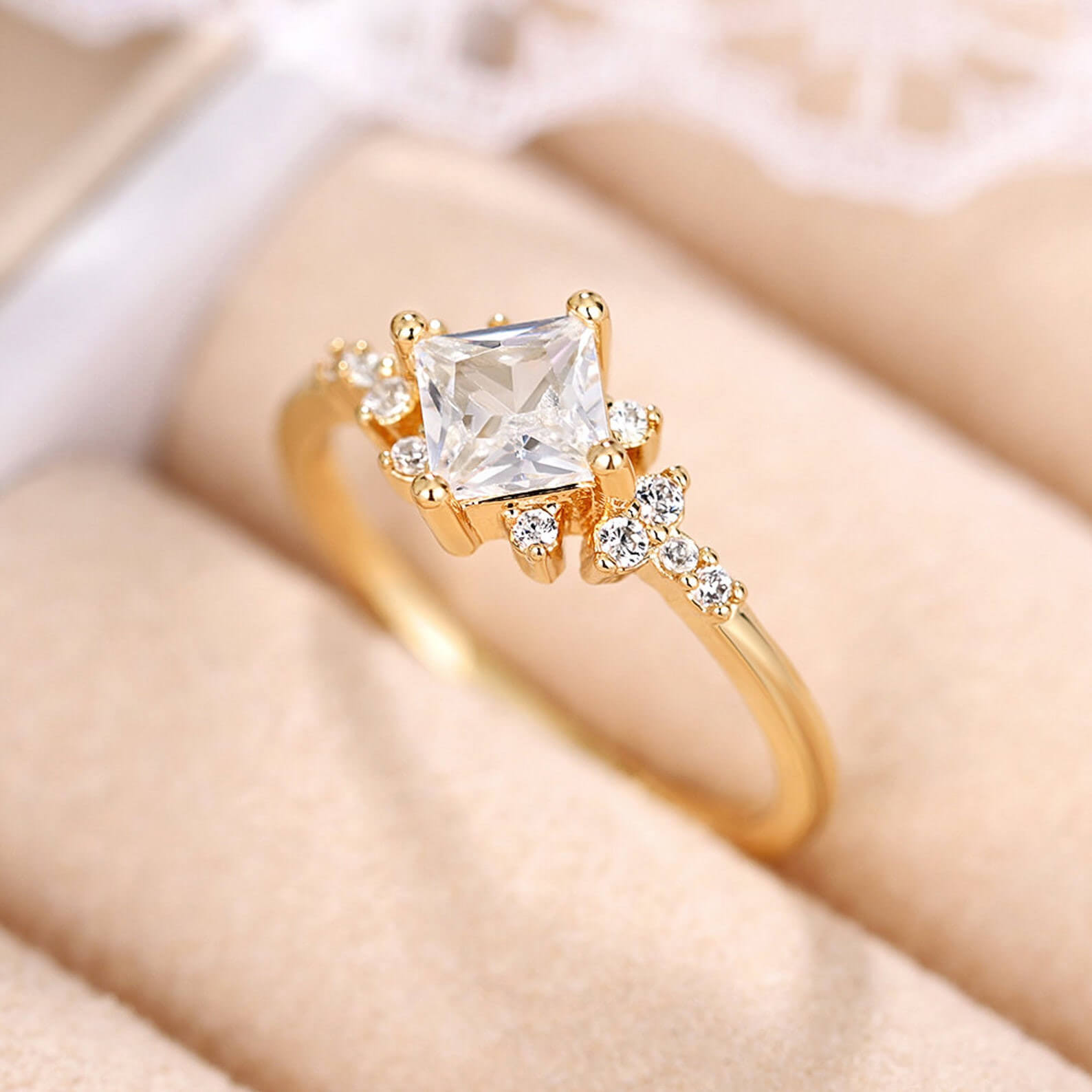 Princess Cut Diamond White Sterling Silver Yellow Gold Engagement Ring