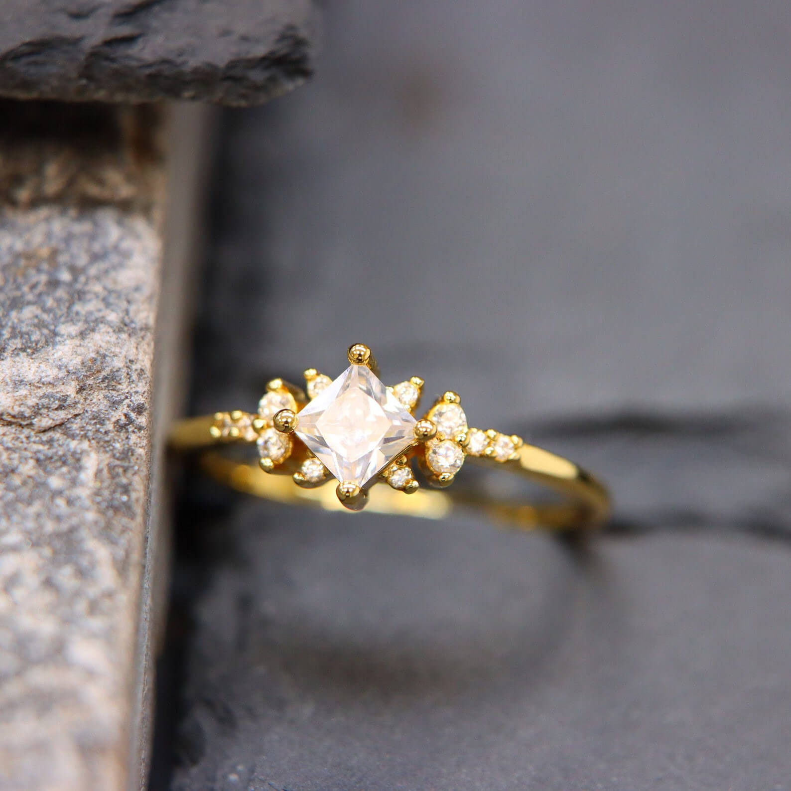 Princess Cut Diamond White Sterling Silver Yellow Gold Engagement Ring