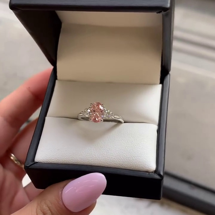 Oval Cut Fancy Pink Sterling Silver 3-Stone Engagement Ring