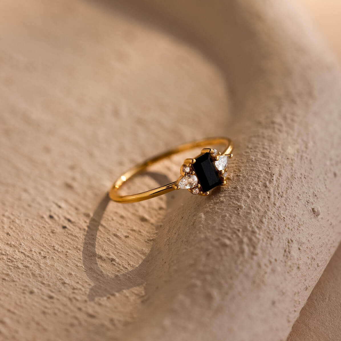 Emerald Cut Fancy Black Sterling Silver Yellow Gold 3-Stone Engagement Ring