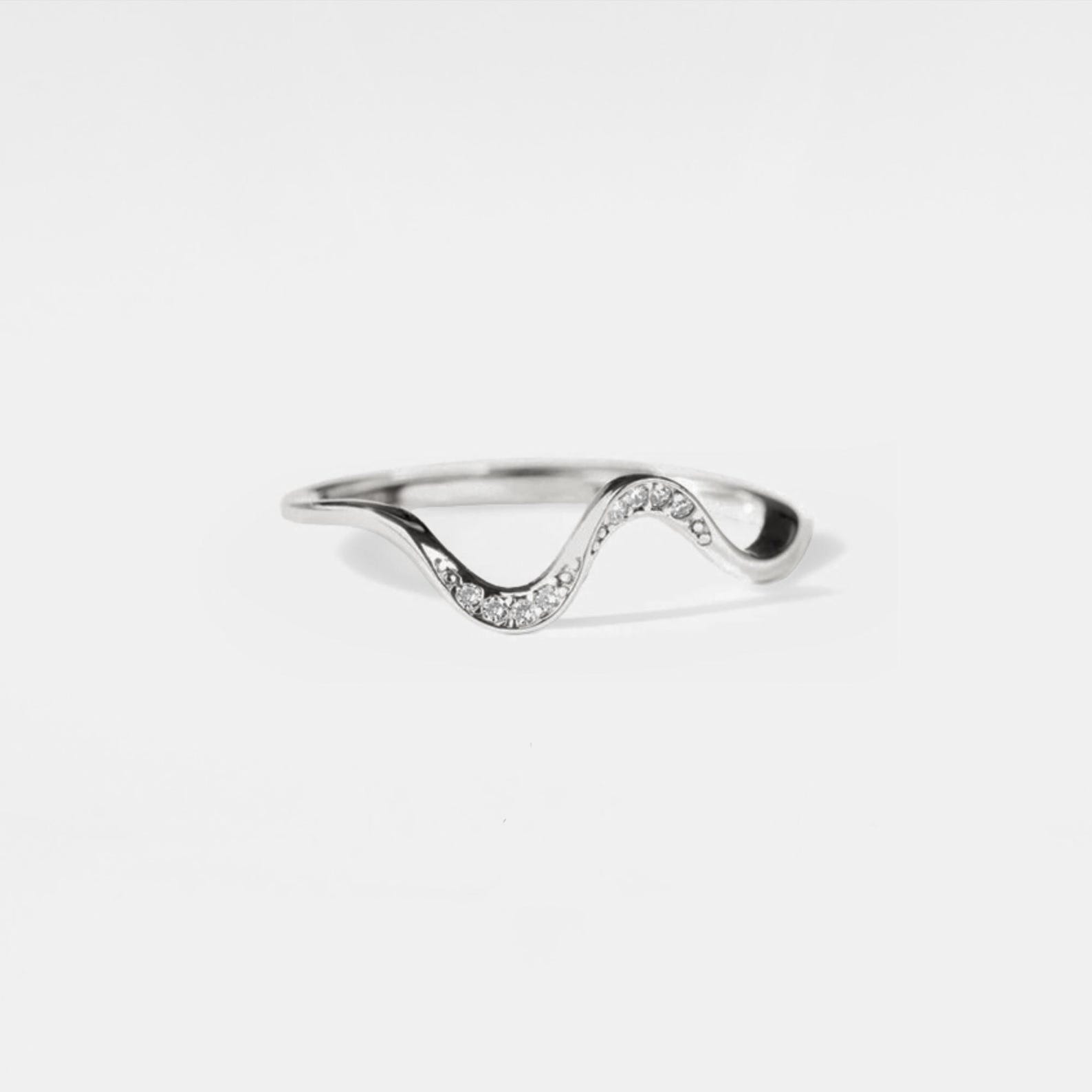 Round Cut Diamond White Sterling Silver Wave Band Ring