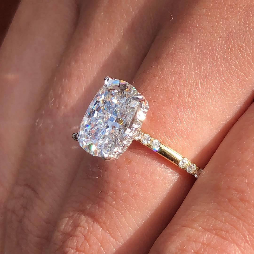 Cushion Cut Diamond White Sterling Silver Halo Yellow Gold Engagement Ring