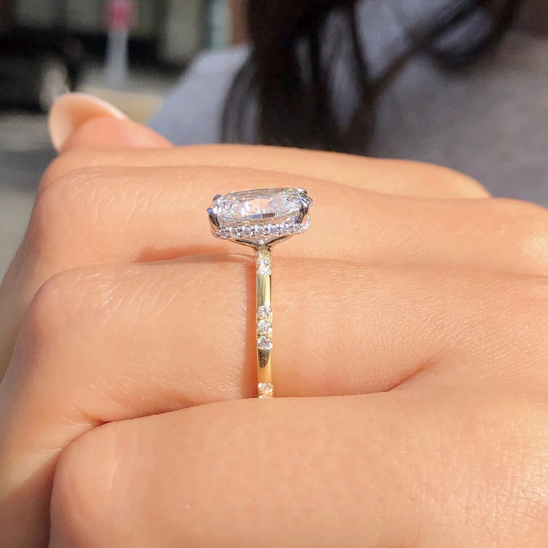 Cushion Cut Diamond White Sterling Silver Halo Yellow Gold Engagement Ring