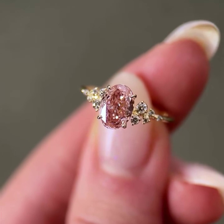 Oval Cut Fancy Pink Sterling Silver Yellow Gold Engagement Ring