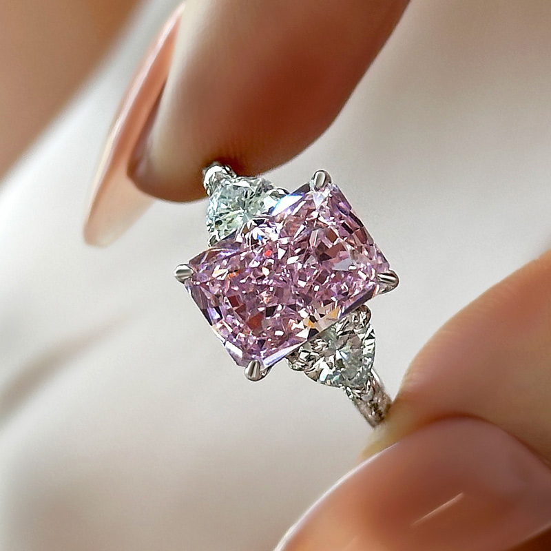 Radiant Cut Fancy Pink Sterling Silver 3-Stone Engagement Ring