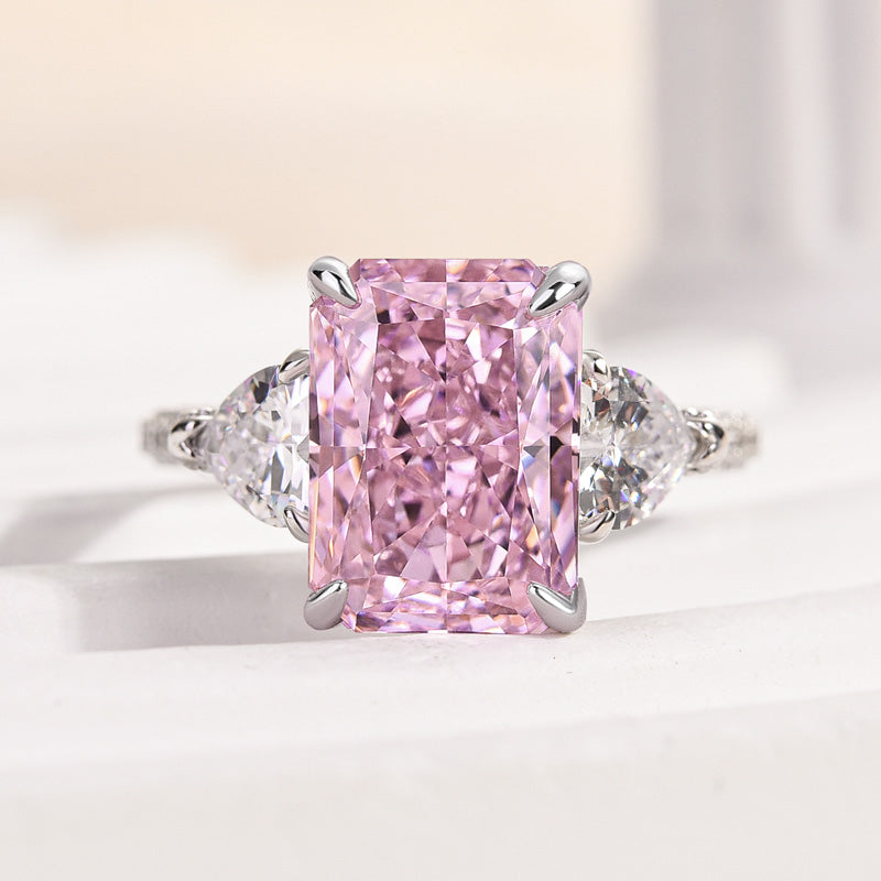 Radiant Cut Fancy Pink Sterling Silver 3-Stone Engagement Ring