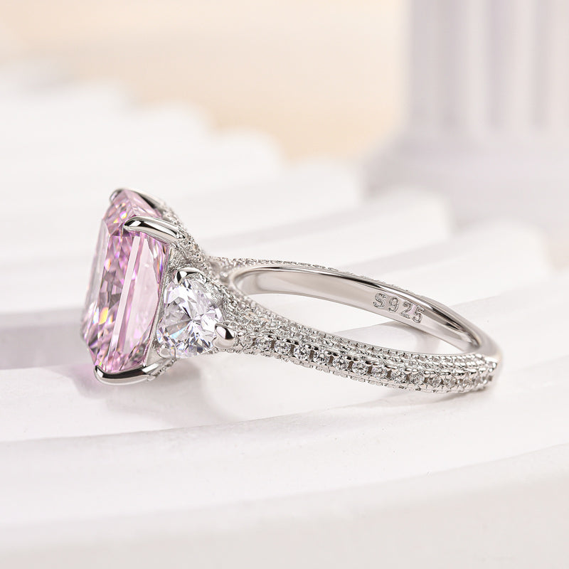 Radiant Cut Fancy Pink Sterling Silver 3-Stone Engagement Ring