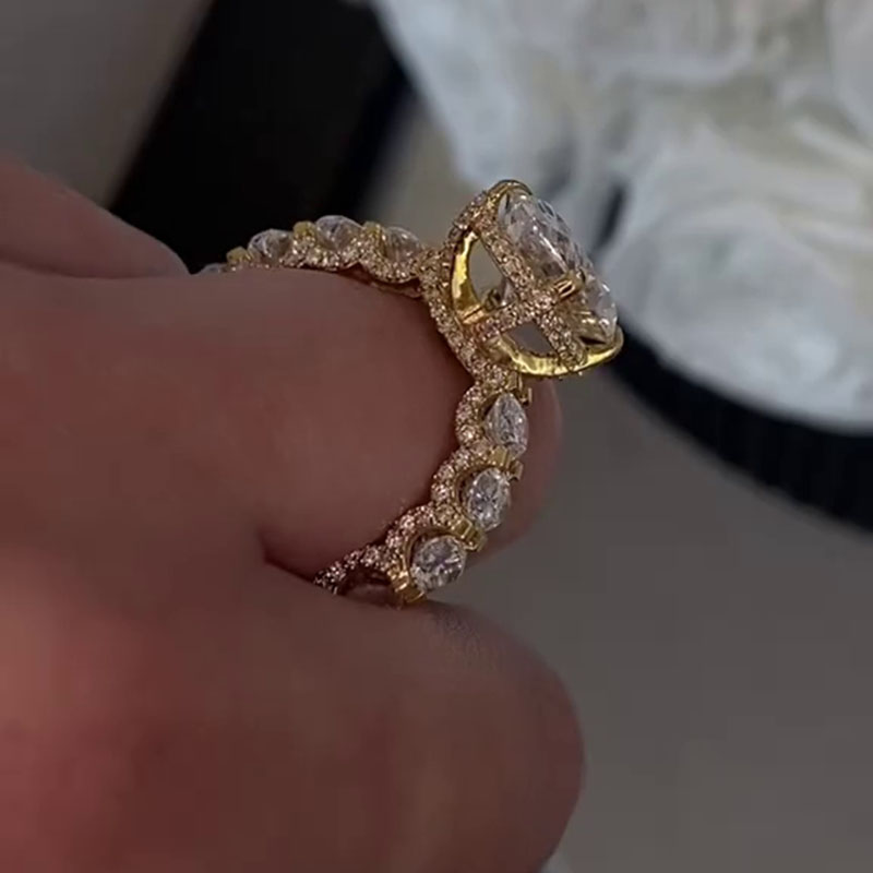 Oval Cut Diamond White 925 Sterling Silver Yellow Gold Hidden Halo Engagement Ring