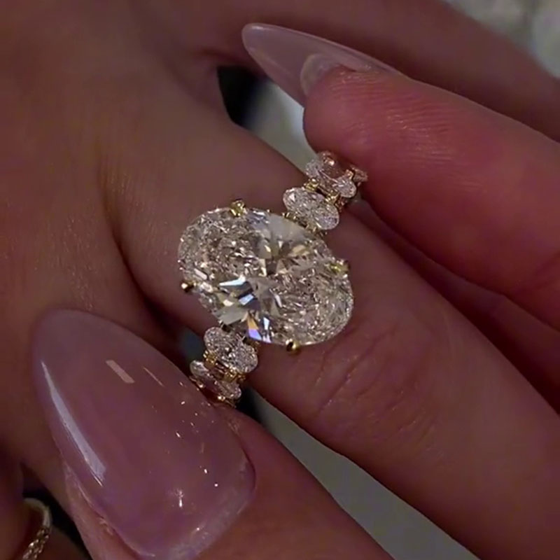 Oval Cut Diamond White 925 Sterling Silver Yellow Gold Hidden Halo Engagement Ring