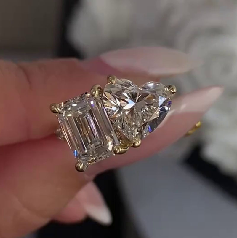 Emerald and Heart Cut Diamond White 925 Sterling Silver Yellow Gold Hidden Halo Engagement Ring