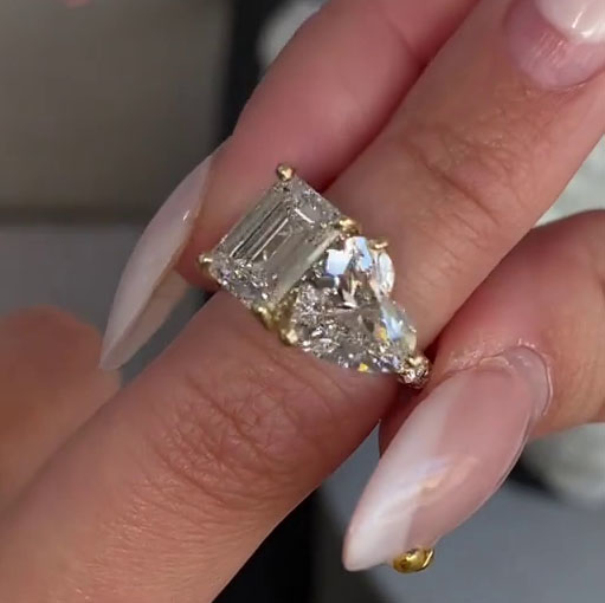 Emerald and Heart Cut Diamond White 925 Sterling Silver Yellow Gold Hidden Halo Engagement Ring