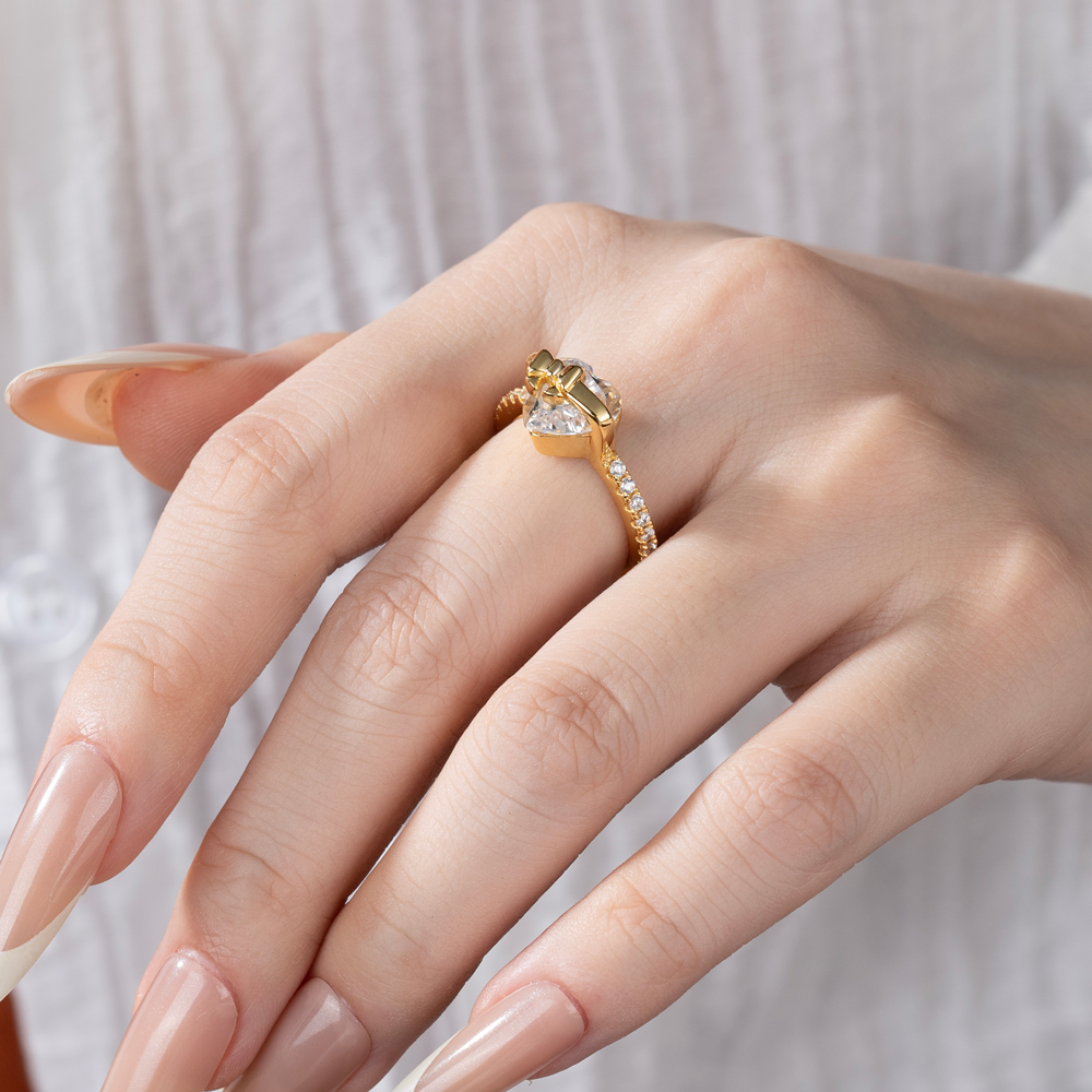 Heart Cut Diamond White Sterling Silver Heart Bow Engagement Ring
