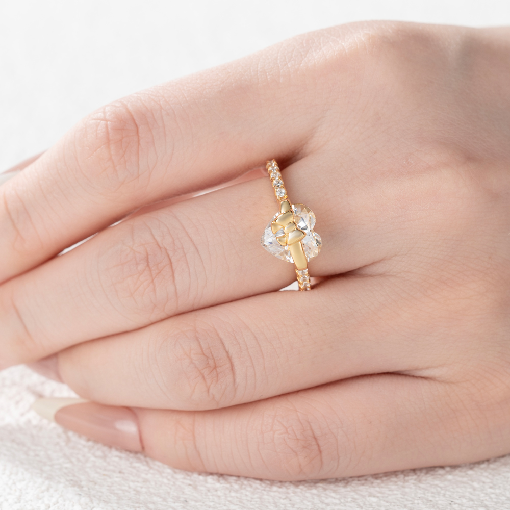 Heart Cut Diamond White Sterling Silver Heart Bow Engagement Ring