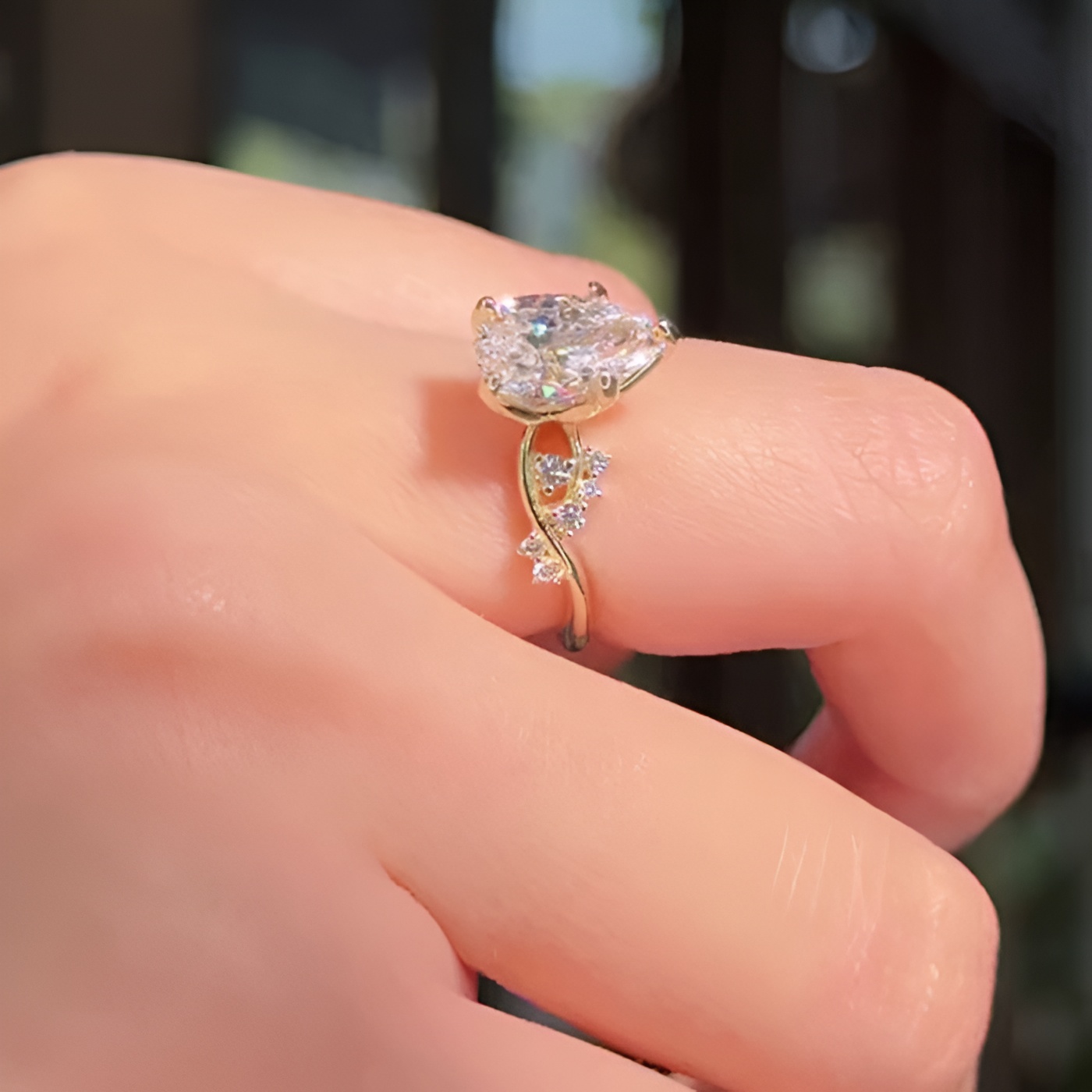 Pear Cut Diamond White 925 Sterling Silver Yellow Gold Art Deco Engagement Ring