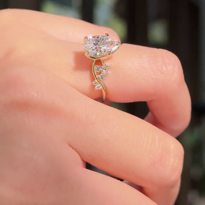 Pear Cut Diamond White 925 Sterling Silver Yellow Gold Art Deco Engagement Ring