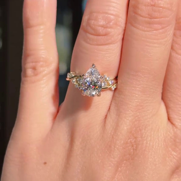 Pear Cut Diamond White 925 Sterling Silver Yellow Gold Art Deco Engagement Ring