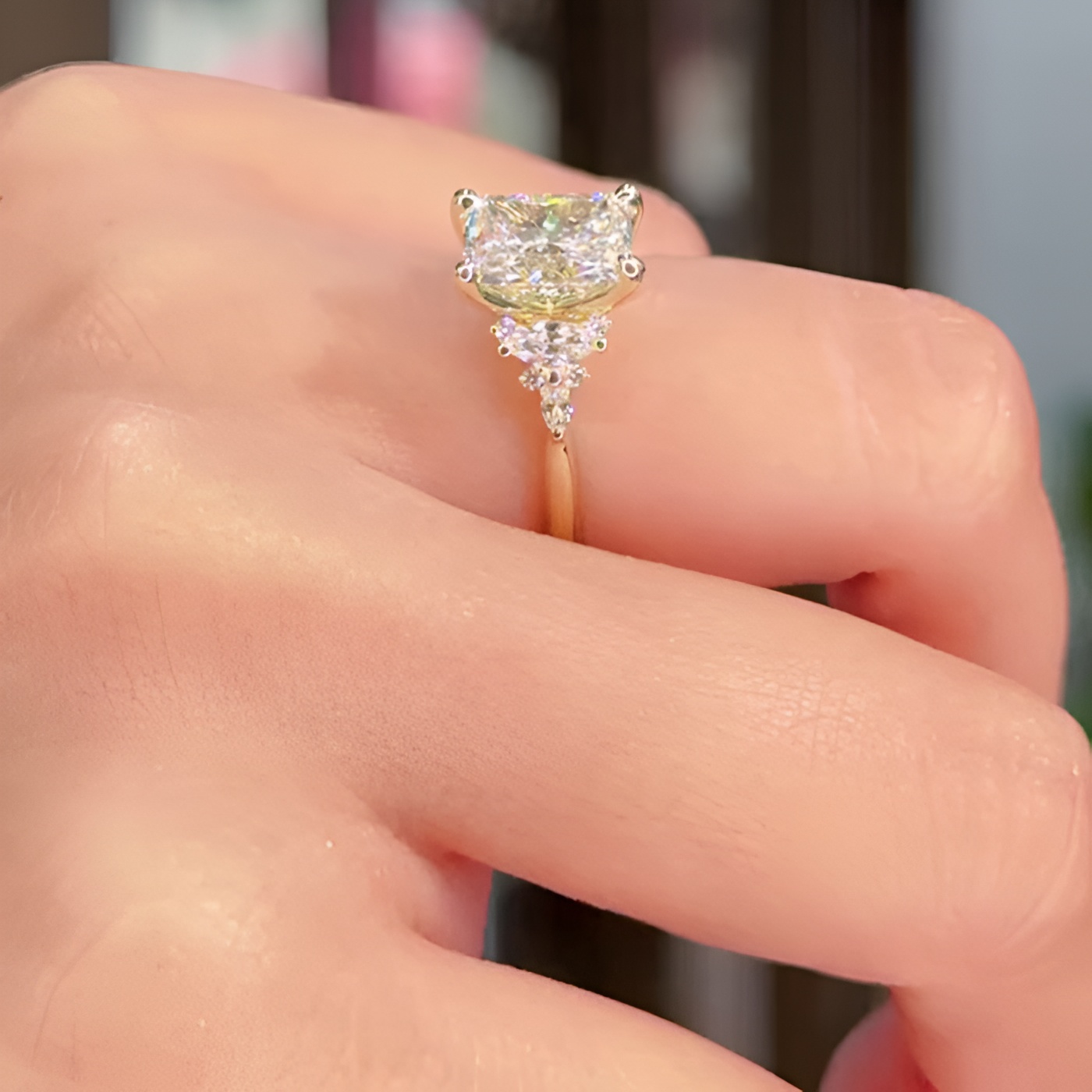 Radiant Cut Diamond White 925 Sterling Yellow Gold 3-Stone Engagement Ring