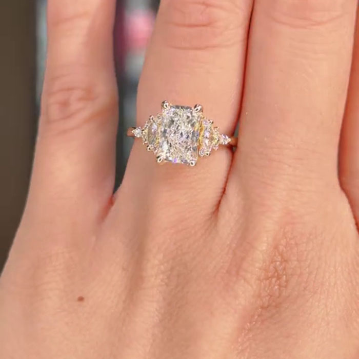 Radiant Cut Diamond White 925 Sterling Yellow Gold 3-Stone Engagement Ring