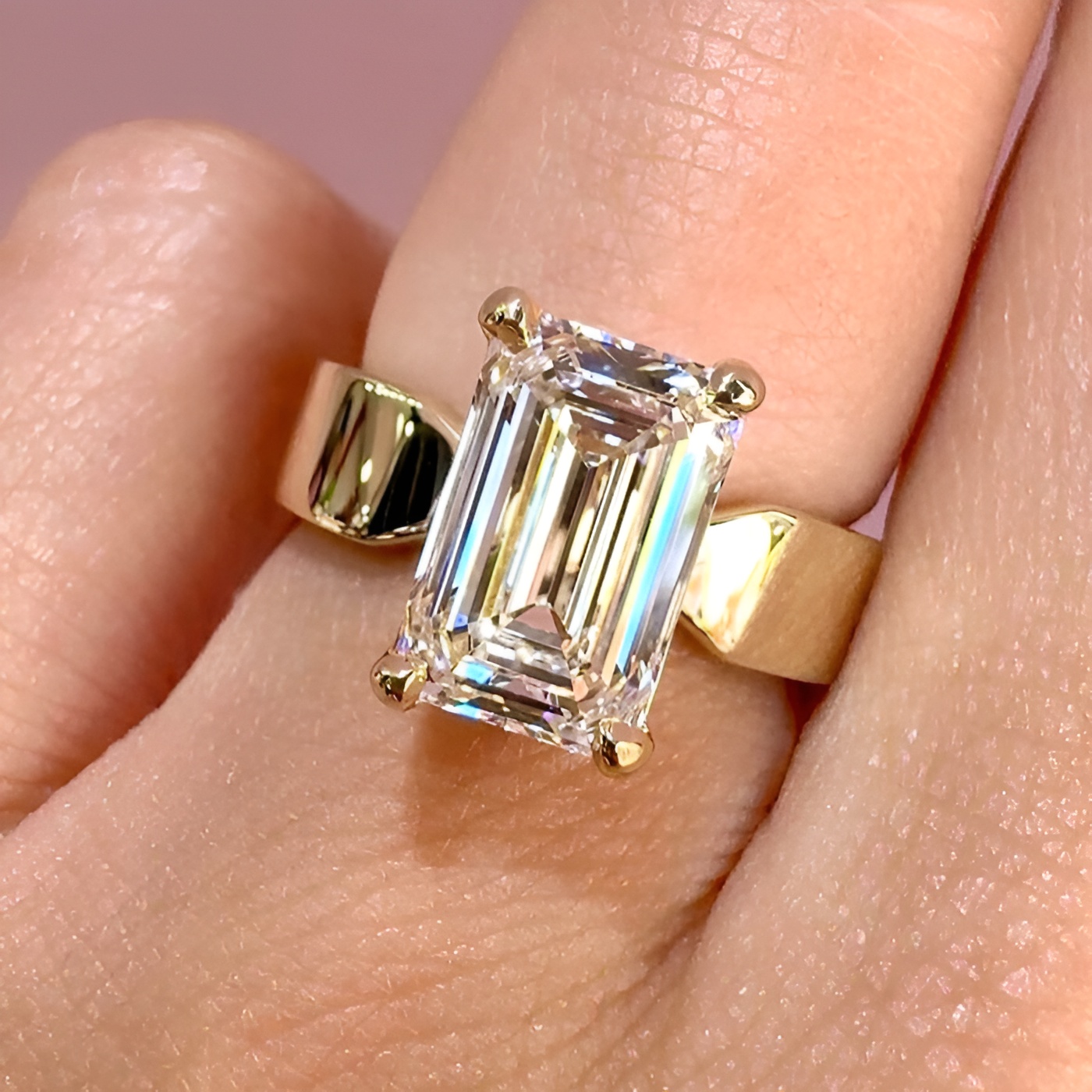Emerald Cut Diamond White 925 Sterling Yellow Gold Engagement Ring