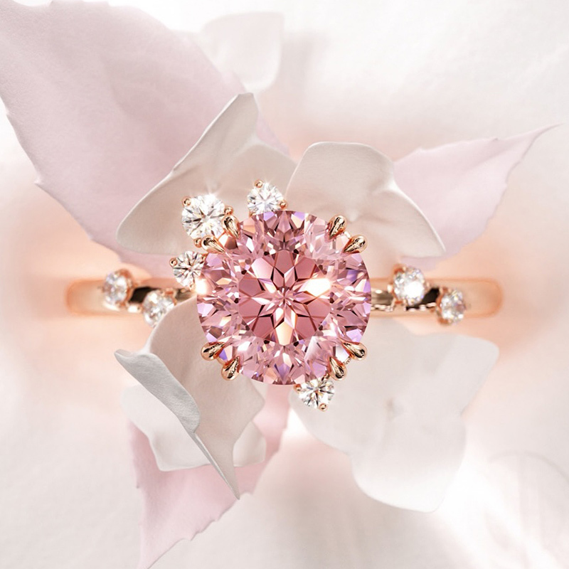 Round Cut Fancy Pink Sterling Silver Sidestones Engagement Ring