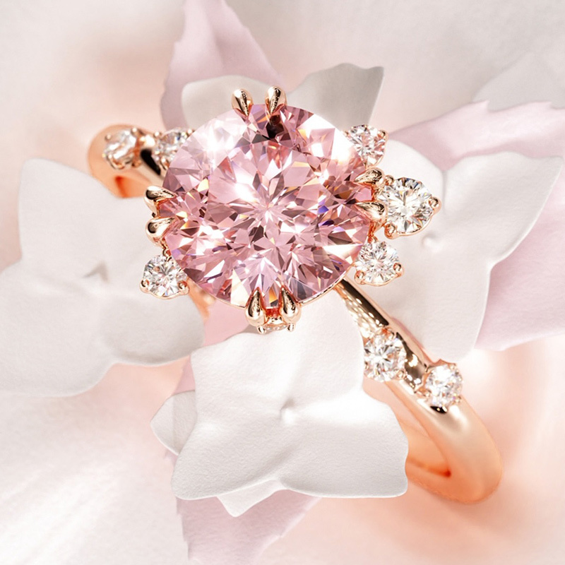 Round Cut Fancy Pink Sterling Silver Sidestones Engagement Ring