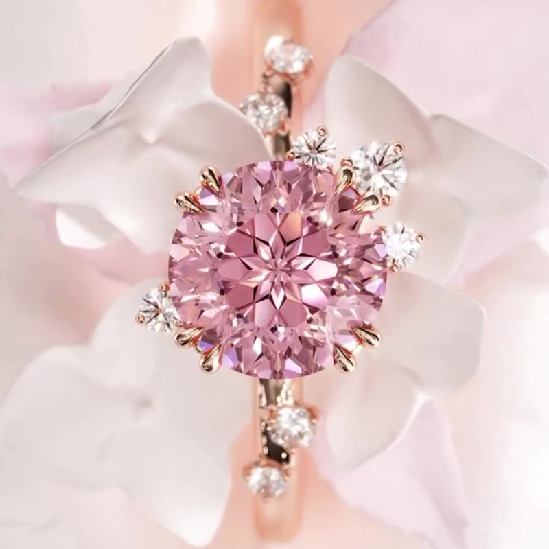 Round Cut Fancy Pink Sterling Silver Sidestones Engagement Ring