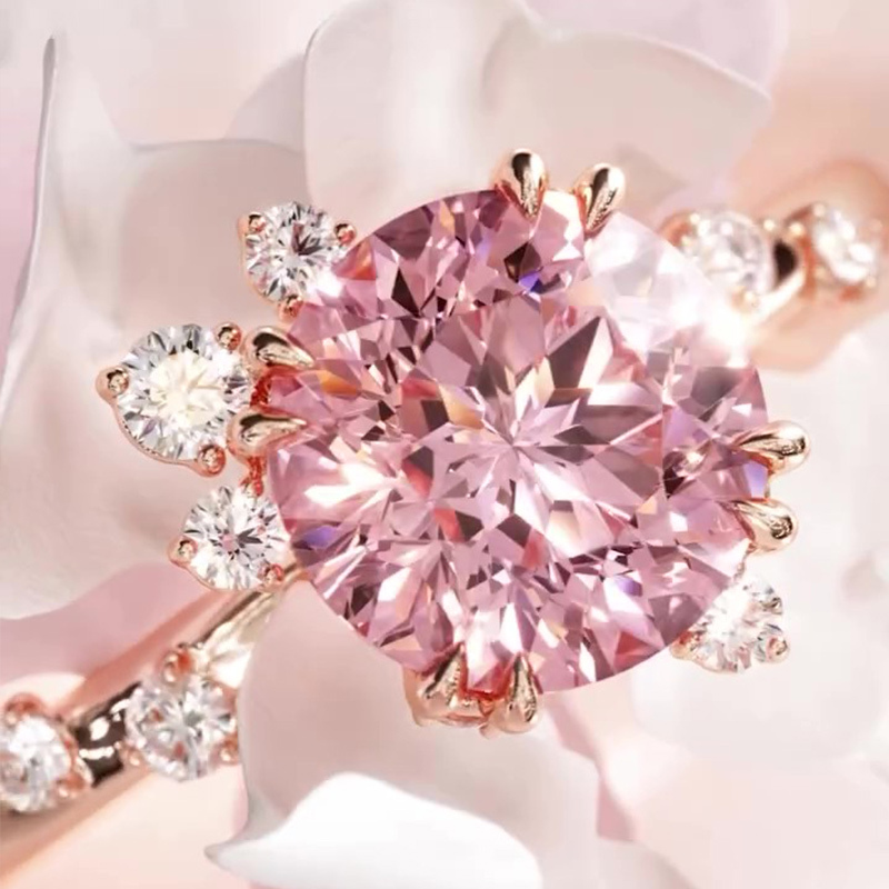 Round Cut Fancy Pink Sterling Silver Sidestones Engagement Ring