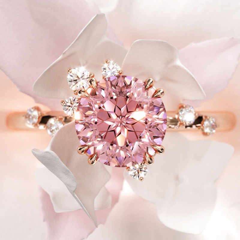 Round Cut Fancy Pink Sterling Silver Sidestones Engagement Ring