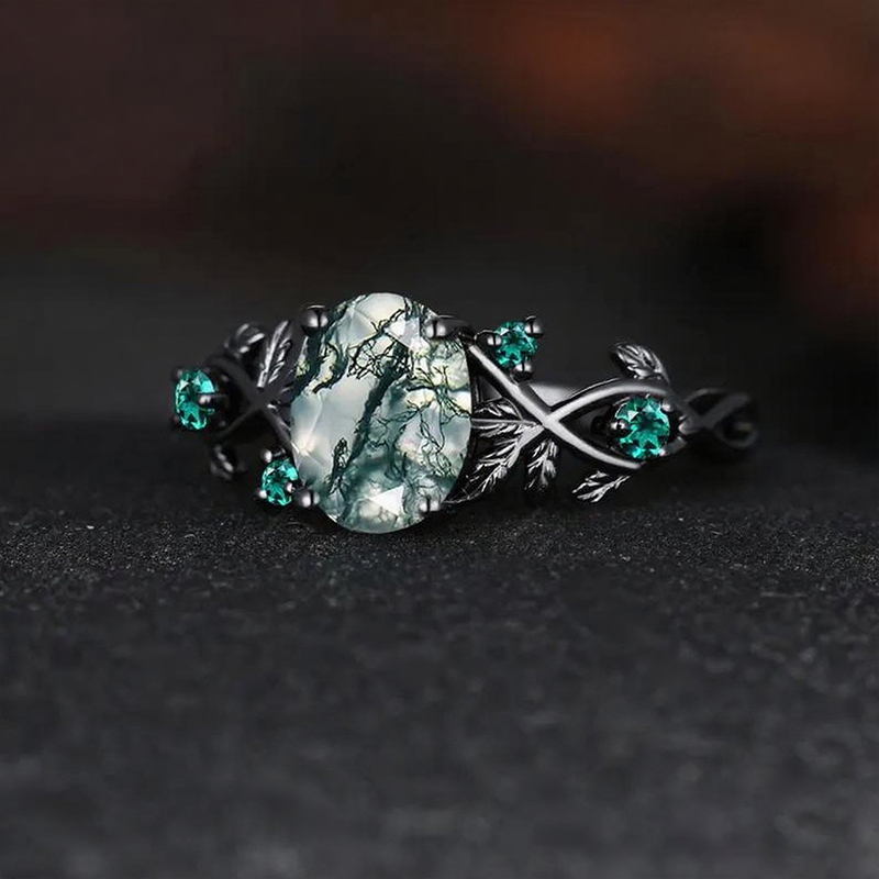 Oval Cut Green Moss Agate Nature Inspired Black Sterling Silver Engagement Ring