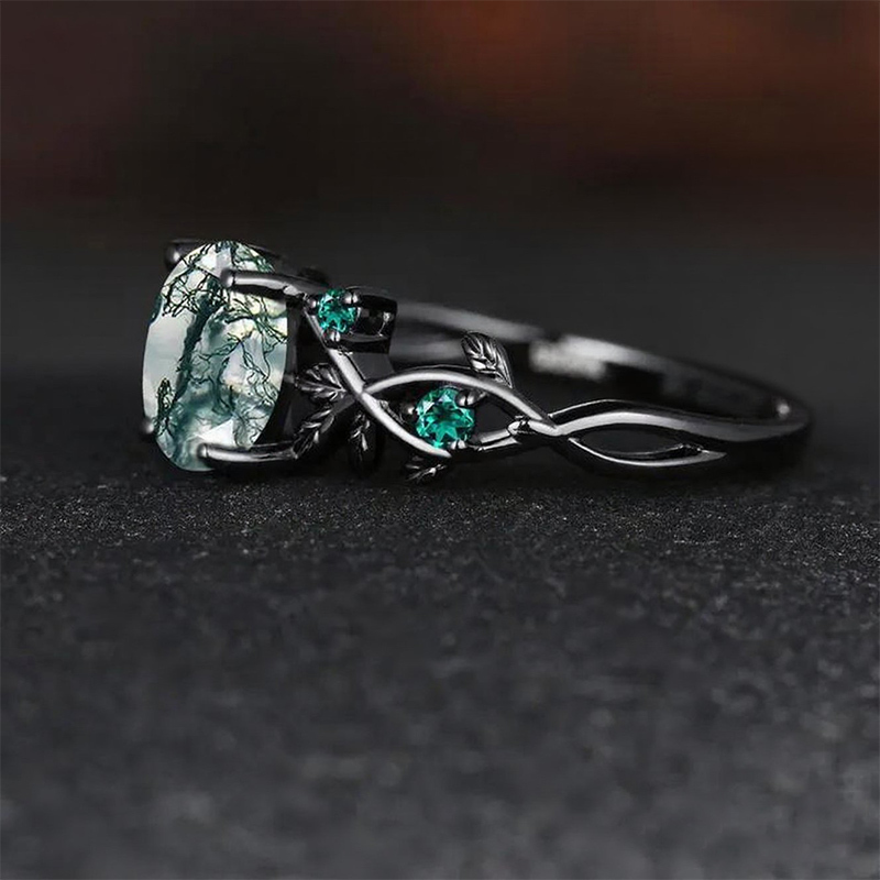Oval Cut Green Moss Agate Nature Inspired Black Sterling Silver Engagement Ring
