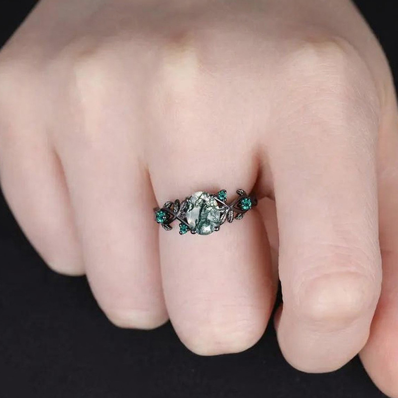 Oval Cut Green Moss Agate Nature Inspired Black Sterling Silver Engagement Ring