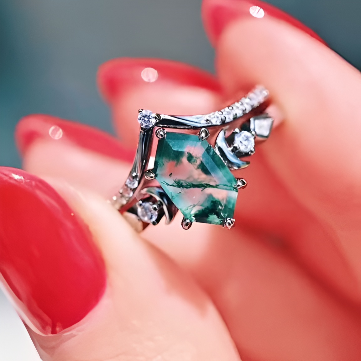 Hexagonal Cut Green Moss Agate Nature Inspired Sterling Silver Engagement Ring